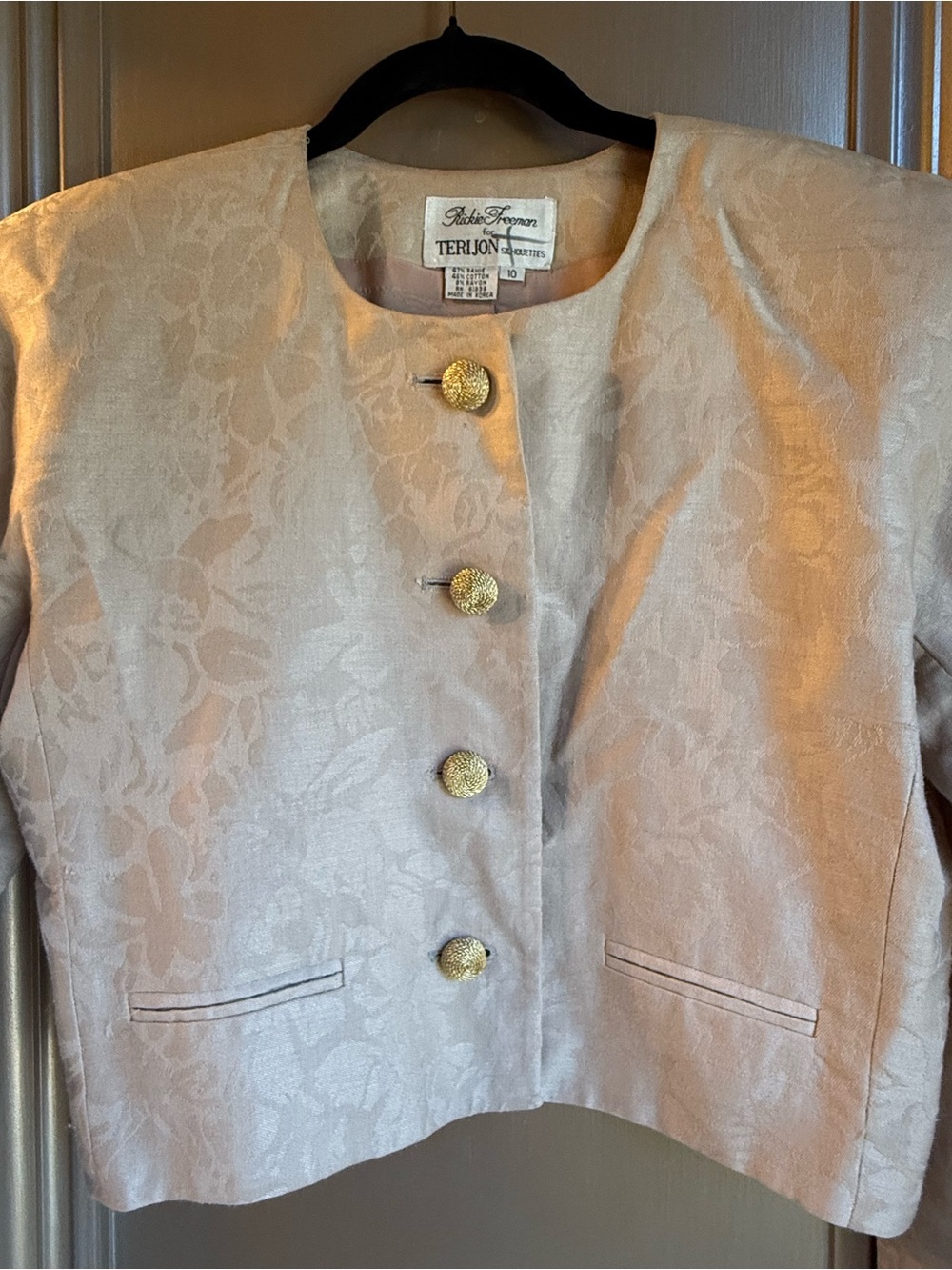 Teri Jon Pale Pink Floral Jacquard Collarless Boxy Blazer